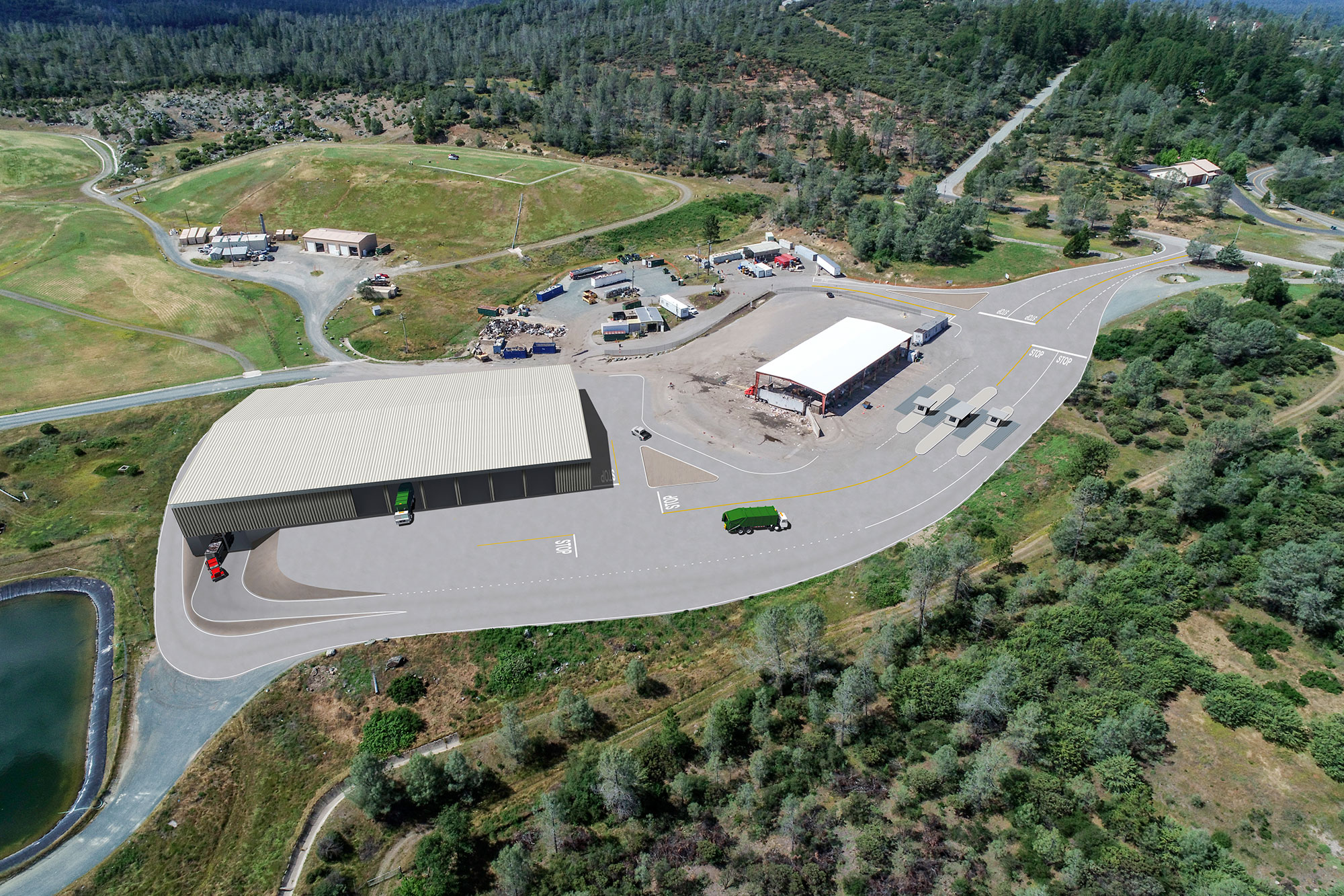 An aerial view shows the back side of the building how trucks can easily access the main road